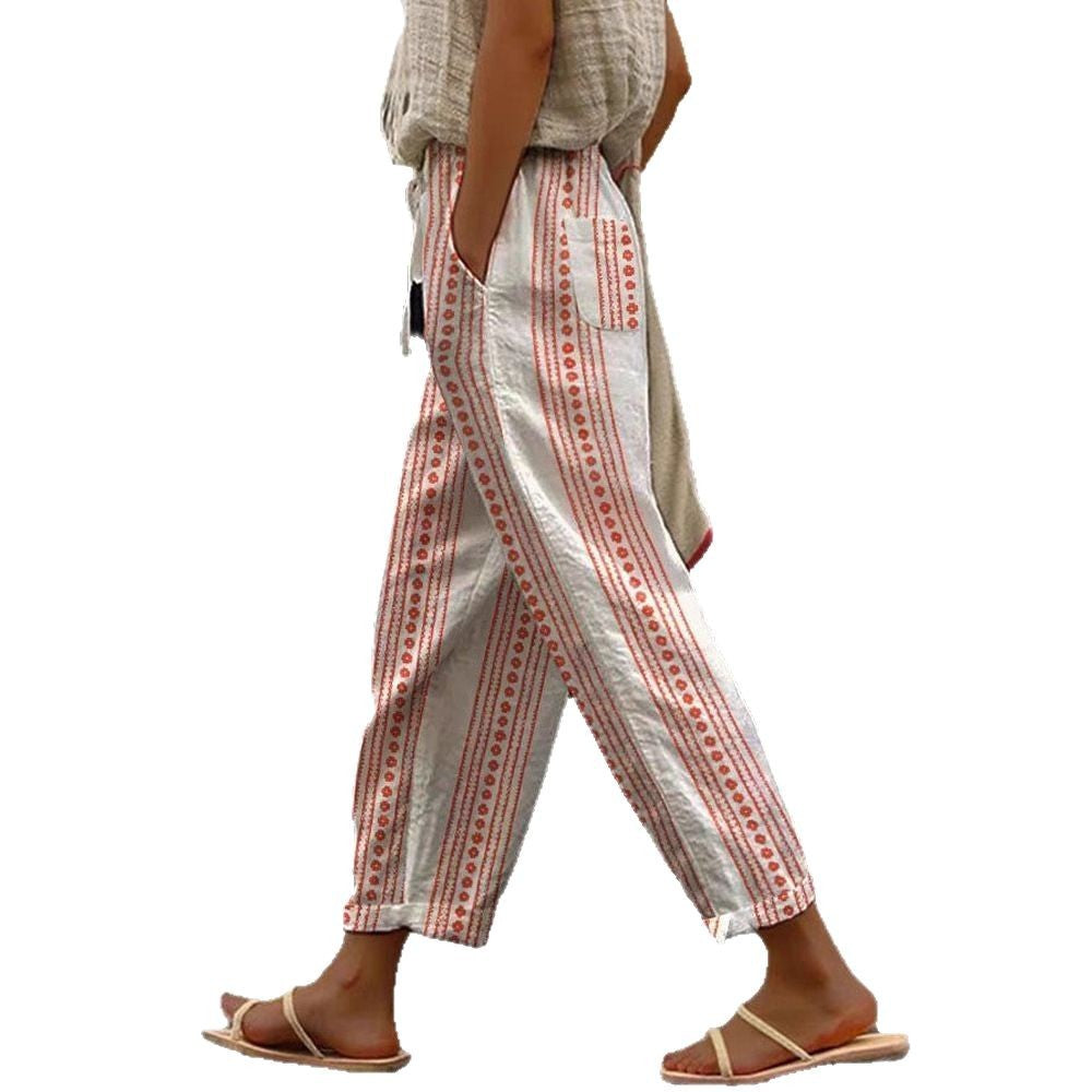 Damen Weite Leinenhose mit Streifenmuster Drune