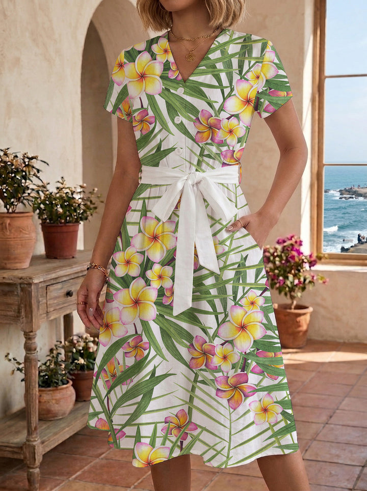 Damen Midi Kleid mit floralen Akzenten und tailliertem Schnitt Drune