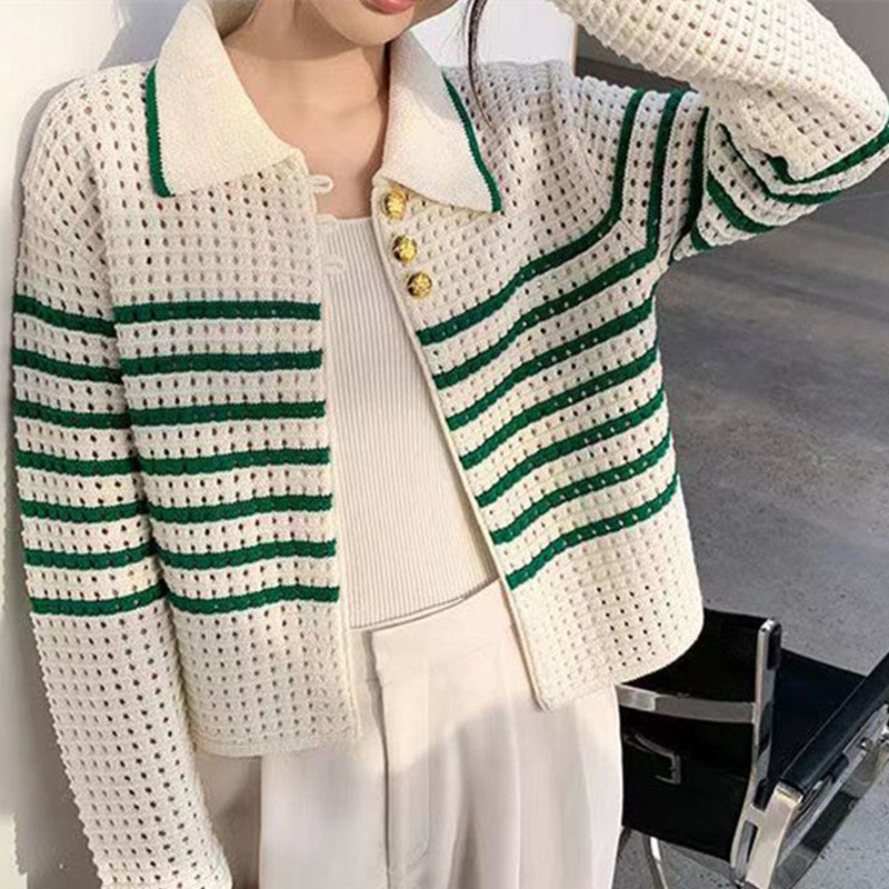 Damen modische Strickjacke mit dekorativen Knöpfen und Streifenmuster Drune