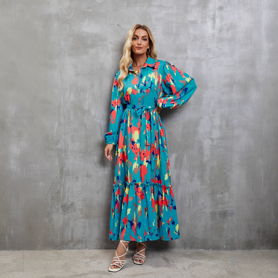 Damen Maxikleid mit farbenfrohem Floral-Design und elegantem Taillengürtel Drune