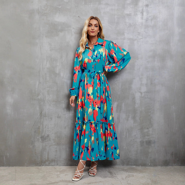 Damen Maxikleid mit farbenfrohem Floral-Design und elegantem Taillengürtel Drune