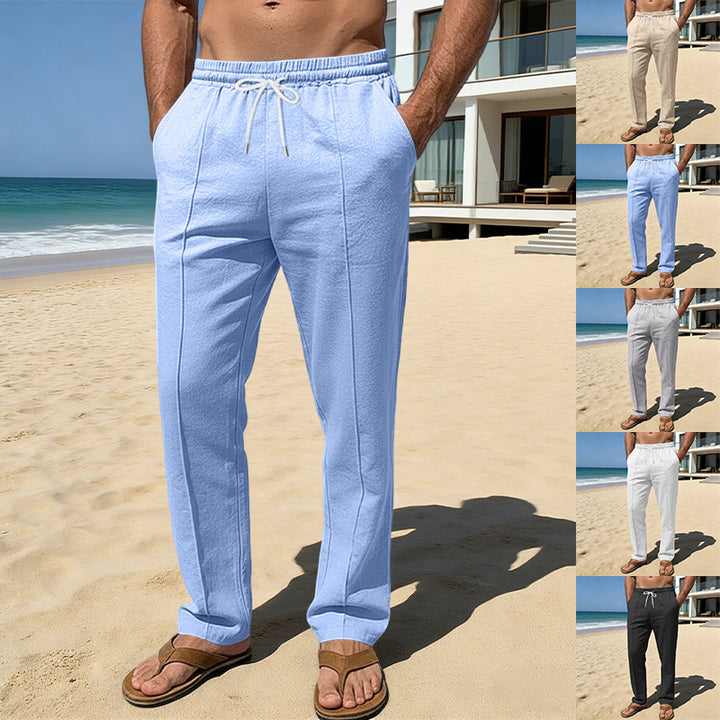Herren nan atmungsaktive Leinenmisch-Hose mit Tunnelzug Bügelfalte und geradem Bein Drune