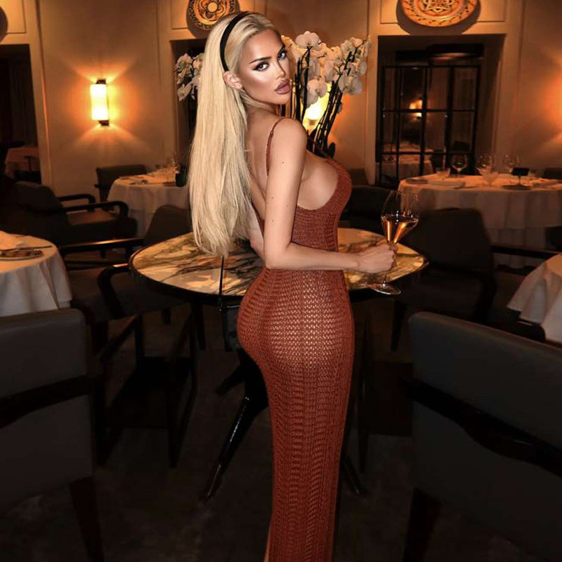 Damen Strick-Maxikleid mit raffiniertem Schnitt und tiefem Rückenausschnitt Drune