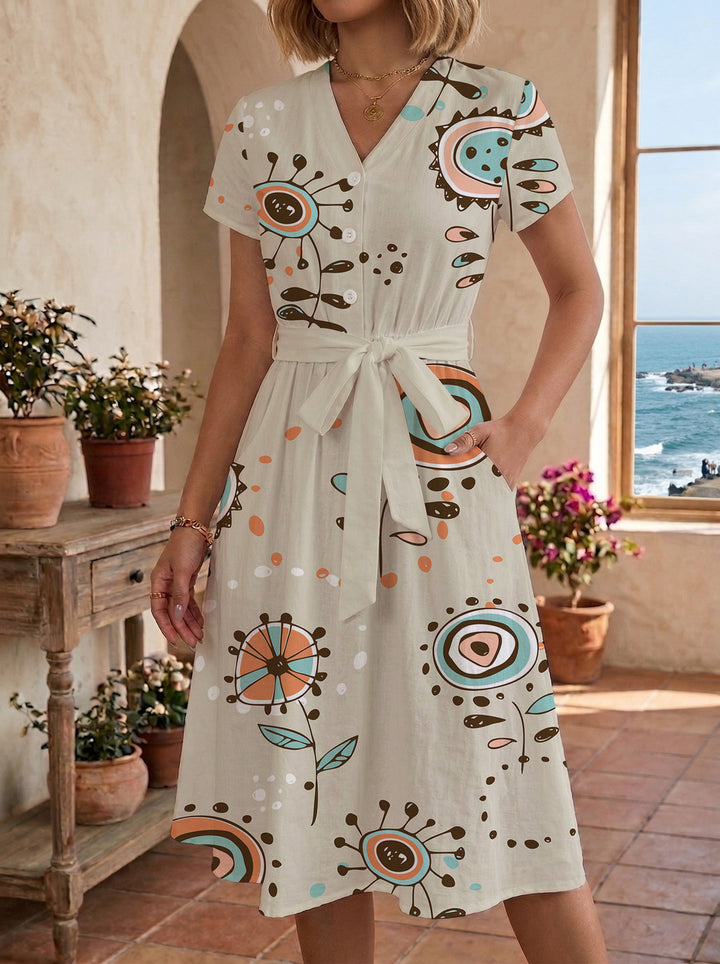 Damen Midikleid mit farbenfrohem Blumendesign und taillierbarem Bindegürtel Drune