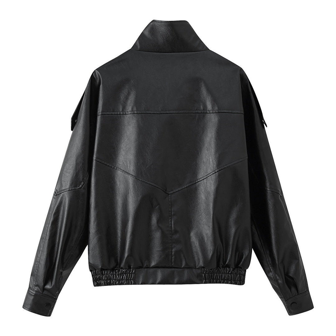 Herren nan lässige Bikerjacke aus Kunstleder mit hohem Stehkragen, Schulterklappen und elastischem Saum Drune