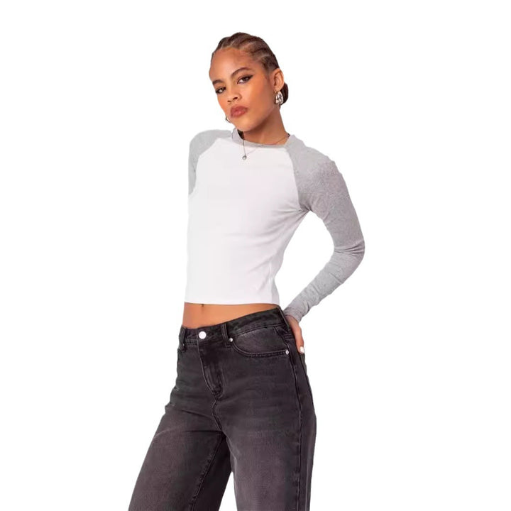 Damen Langarmshirt mit Kontrastärmeln und figurbetontem Schnitt Drune