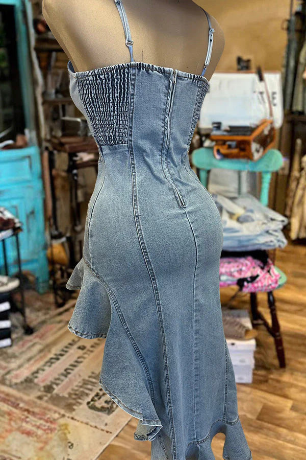 Drune | Rüschensaum Denim Split Kleid