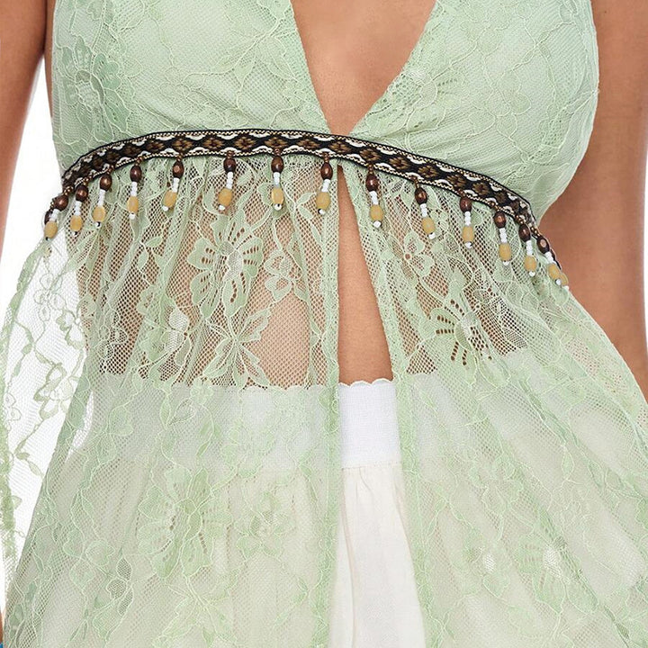 Damen Spitzen-Haltertop mit transparenter Struktur und verzierenden Details Drune