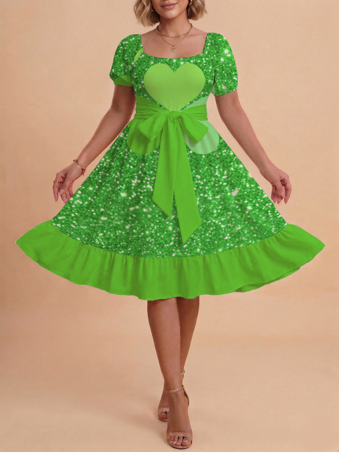 Damen schickes Glitzerkleid mit tailliertem Schnitt und Rüschensaum Drune