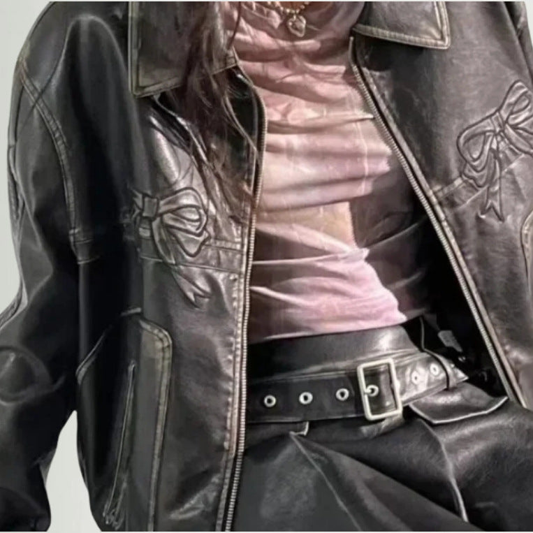 Damen lässige Kunstlederjacke mit verspielten Schleifendetails Drune