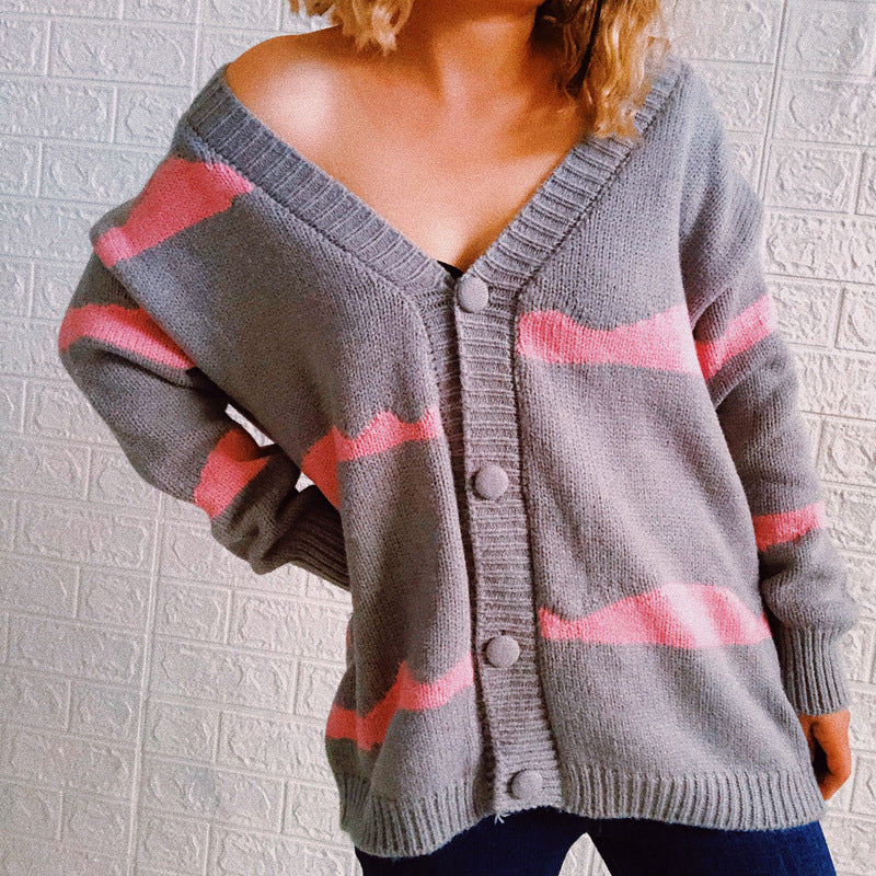 Damen gestreifte Strickjacke mit Knopfverschluss und weitem Schnitt Drune