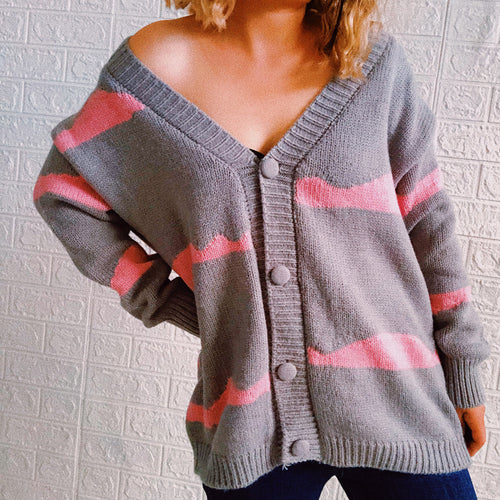 Damen gestreifte Strickjacke mit Knopfverschluss und weitem Schnitt Drune