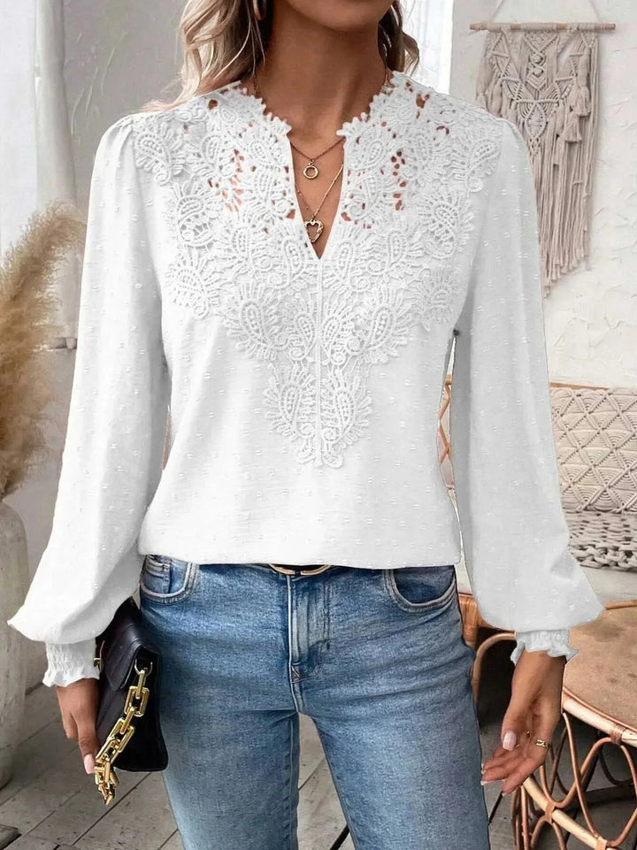 Damen nan Spitzenapplikation V-Ausschnitt Bluse mit Strukturpunkt, gerafften Manschetten und leicht taillierter Silhouette Drune