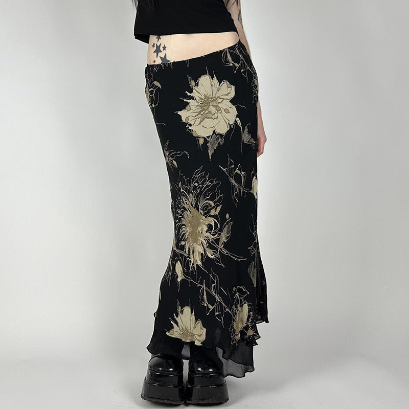 Damen Eleganter Maxirock mit floralem Muster und transparentem Untergrund Drune