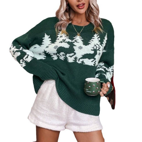 Damen festlicher Strickpullover mit winterlichem Tiermotiv und gemütlichem Schnitt Drune