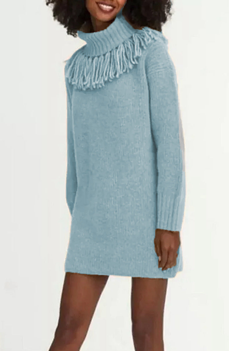 Damen Strickkleid mit hohem Rollkragen und modischen Fransen Drune