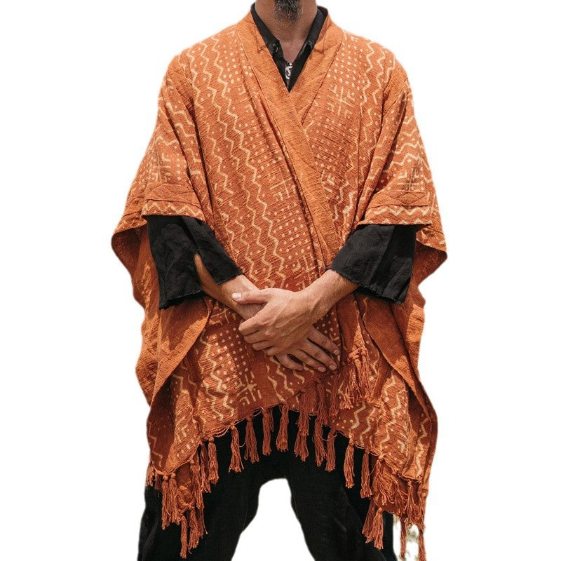 Herren lässiger Poncho mit einzigartigem Mustermix und Fransen Drune