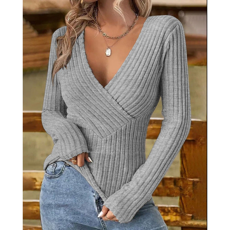 Damen eleganter und figurbetonender Rippenpullover mit V-Ausschnitt Drune