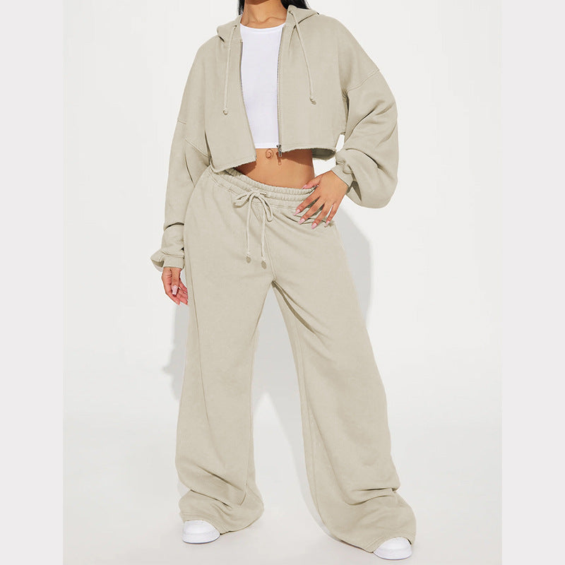 Damen nan Kapuzen-Crop-Top und weite Jogginghose Lounge-Set aus weichem Fleece Drune