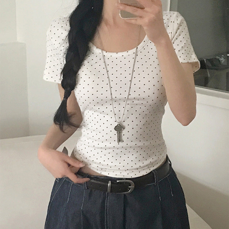 Damen Polka-Dot Shirt mit Rundhalsausschnitt und figurbetontem Schnitt Drune