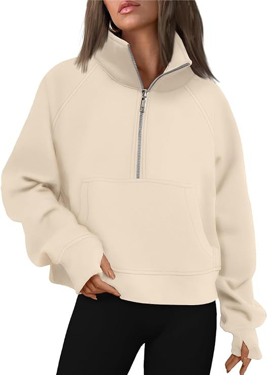 Damen nan cropped Halbzip-Sweatshirt mit hohem Stehkragen, Kängurutasche und überschnittener Schulter Drune