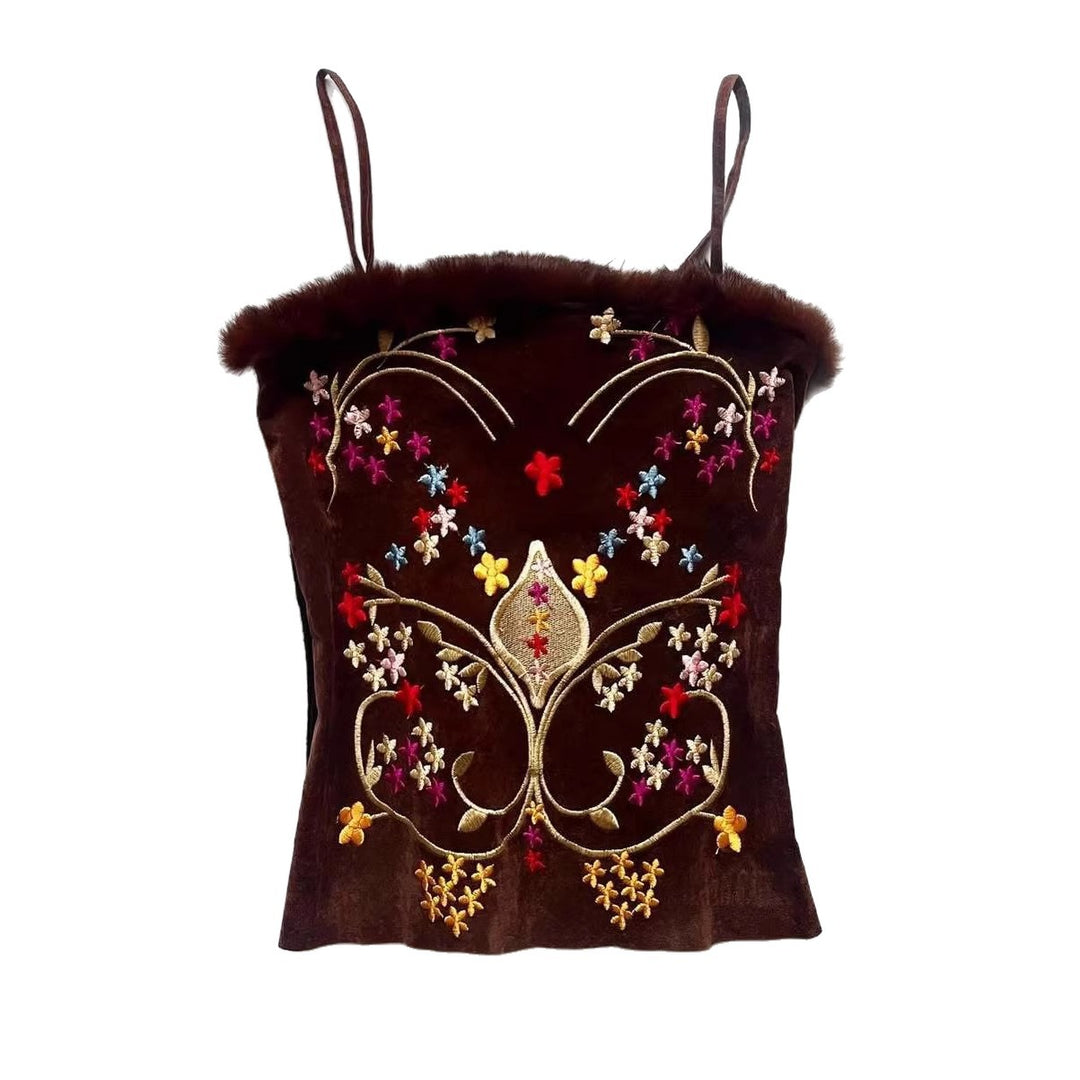 Damen Samt-Blusentop mit floralen Stickereien Drune