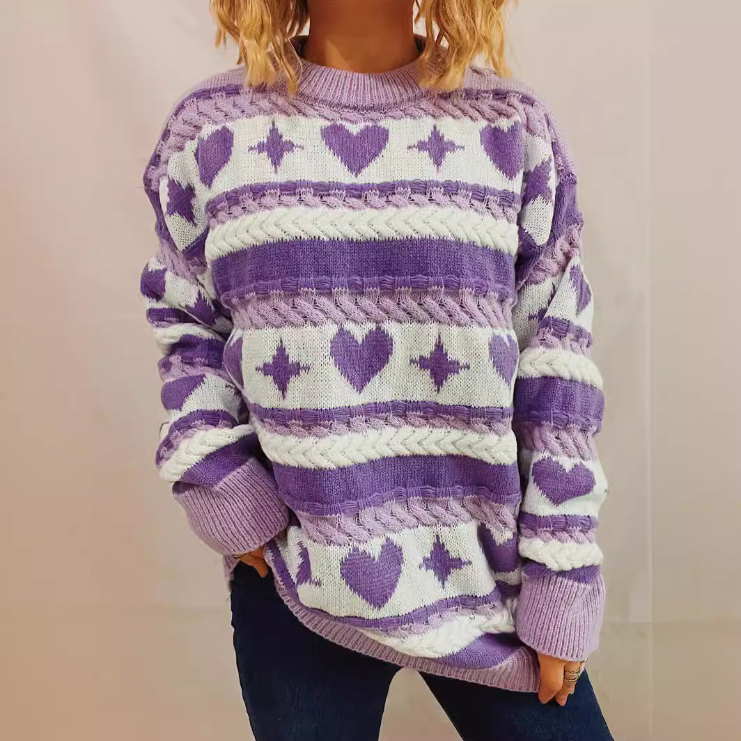 Damen Grob gestrickter Pullover mit herzförmigem Muster und breiten Streifen Drune
