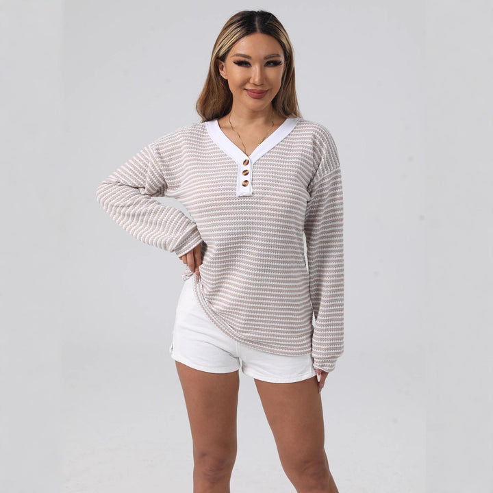 Damen lässiger Strickpullover mit schimmernden Streifen und kontrastierendem Kragen Drune