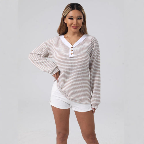 Damen lässiger Strickpullover mit schimmernden Streifen und kontrastierendem Kragen Drune