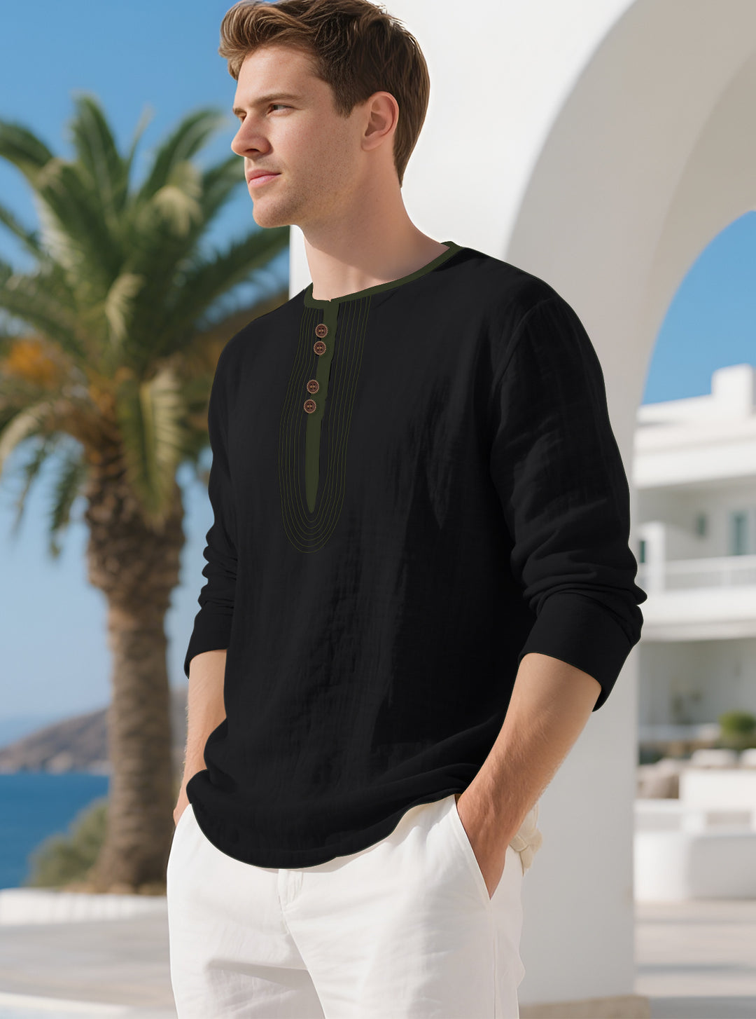 Herren nan lässiges Leinenmix-Langarmshirt mit dekorativer Knopfleiste und Ziersteppung Drune