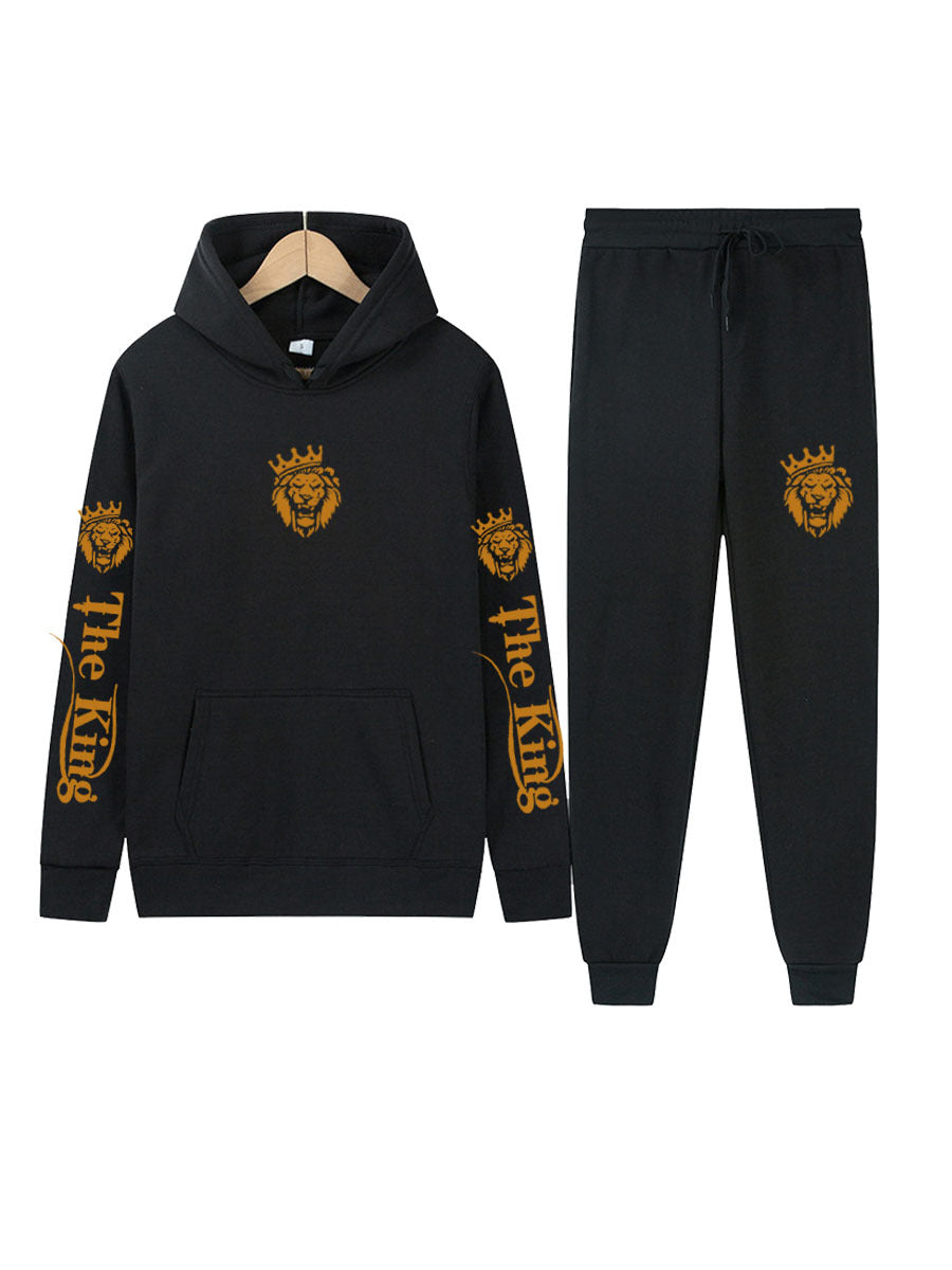 Herren Sportliches Kapuzenpulli und Jogginghose Set mit Königsmotiv Drune