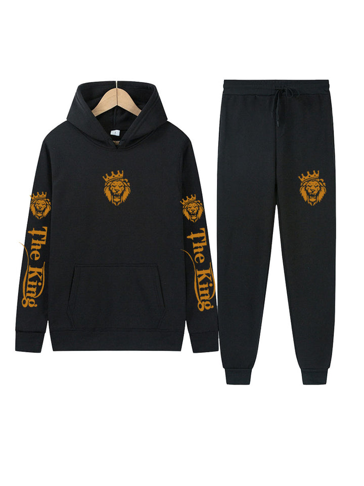 Herren Sportliches Kapuzenpulli und Jogginghose Set mit Königsmotiv Drune