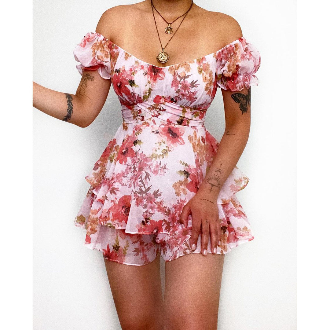 Damen Kurzarm Overall mit romantischem Blumenmuster und fließendem Schnitt Drune