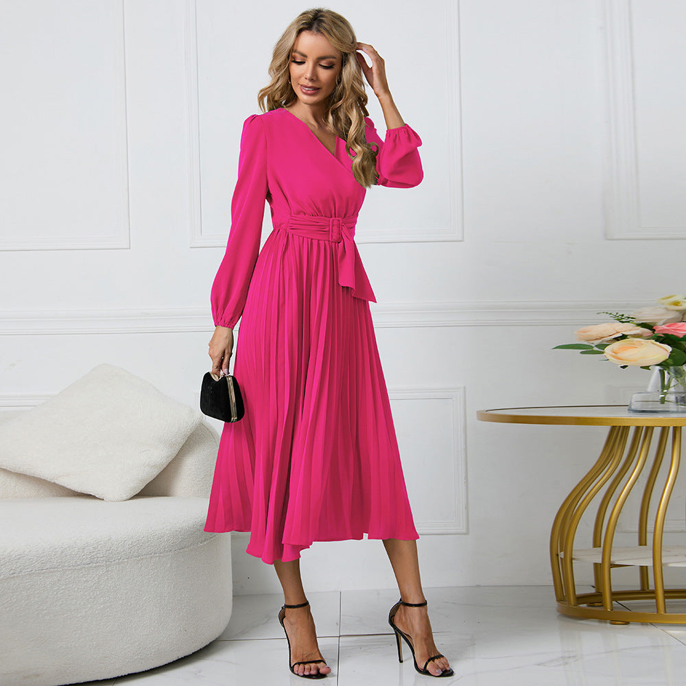 Damen Wickelkleid mit Plissee-Design und eleganter Taillengürtel Drune