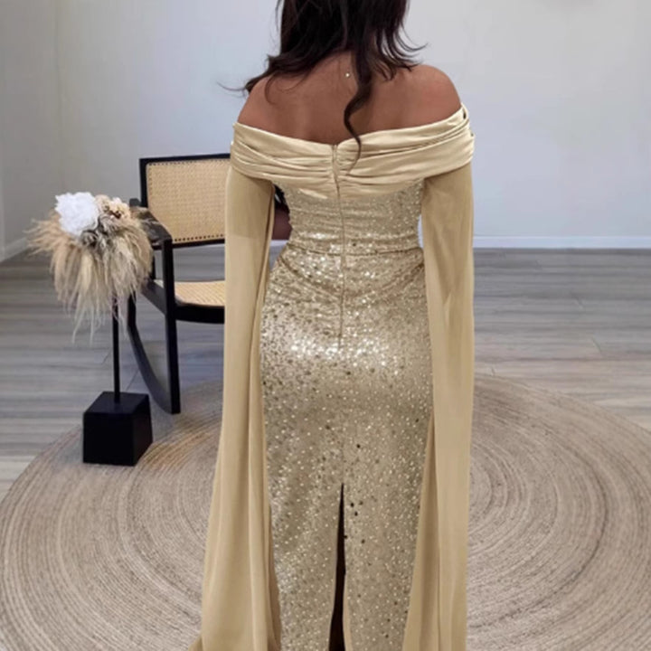 Damen Glitzerndes Abendkleid mit schulterfreiem Design und eleganten langen Ärmeln Drune