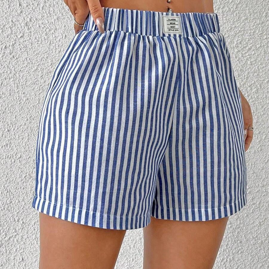 Damen gestreifte Shorts aus leichter Baumwolle mit elastischem Bund Drune