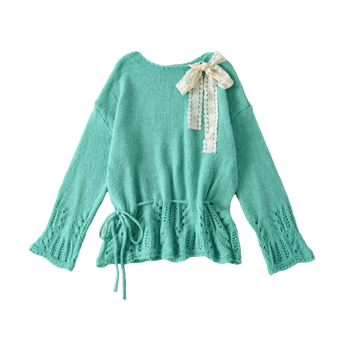 Damen stylisches Strickoberteil mit eleganter Raffinesse und Bindebändern Drune
