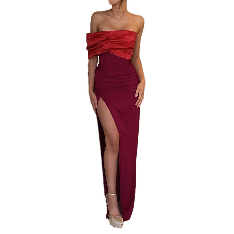 Damen schulterfreies Abendkleid mit elegantem Drapierungseffekt und hohem Schlitz Drune