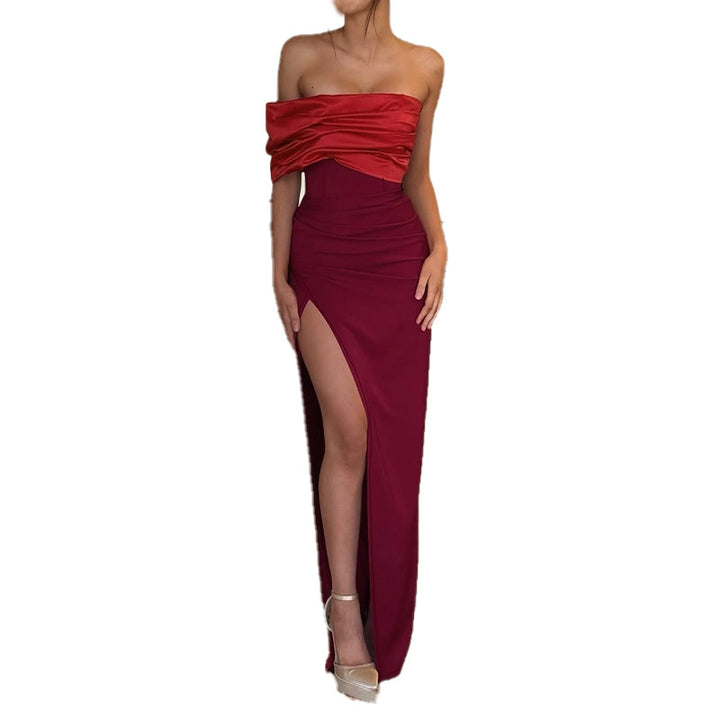 Damen schulterfreies Abendkleid mit elegantem Drapierungseffekt und hohem Schlitz Drune
