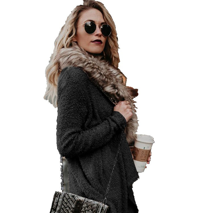 Damen Warmes Strickcardigan mit abnehmbarem Kunstfellkragen Drune