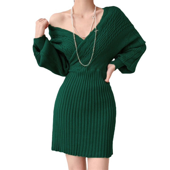 Damen Elegantes Strickkleid mit V-Ausschnitt und strukturiertem Oberteil Drune