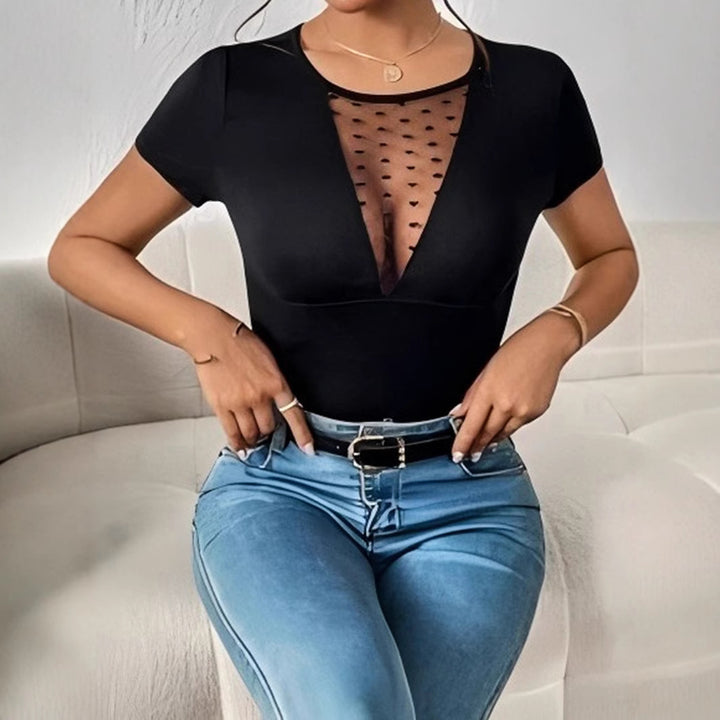 Damen Body mit tiefem V-Ausschnitt und transparenter Netzeinsätzen Drune