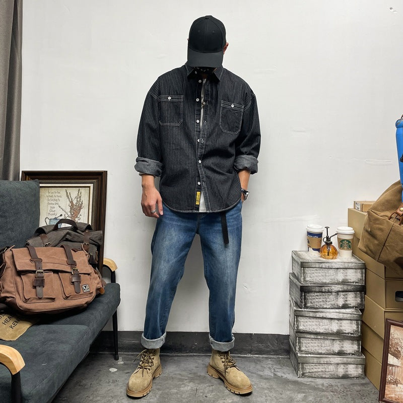Herren lässiges Denim-Hemd mit vertikalem Streifenmuster und praktischen Brusttaschen Drune