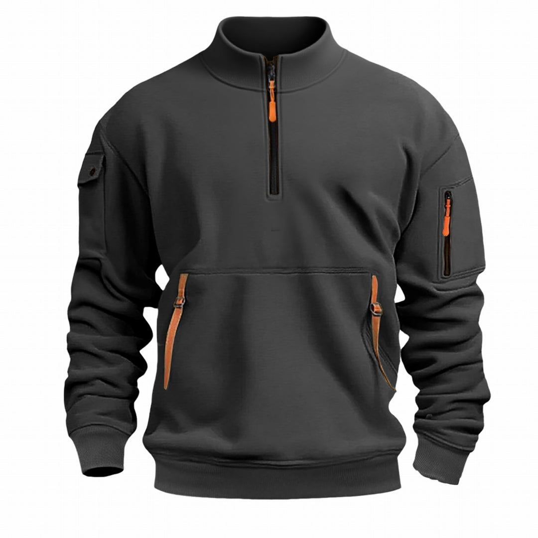 Herren nan Sweatshirt mit Stehkragen, halbem Reißverschluss, Kängurutasche und Ärmeltasche Drune