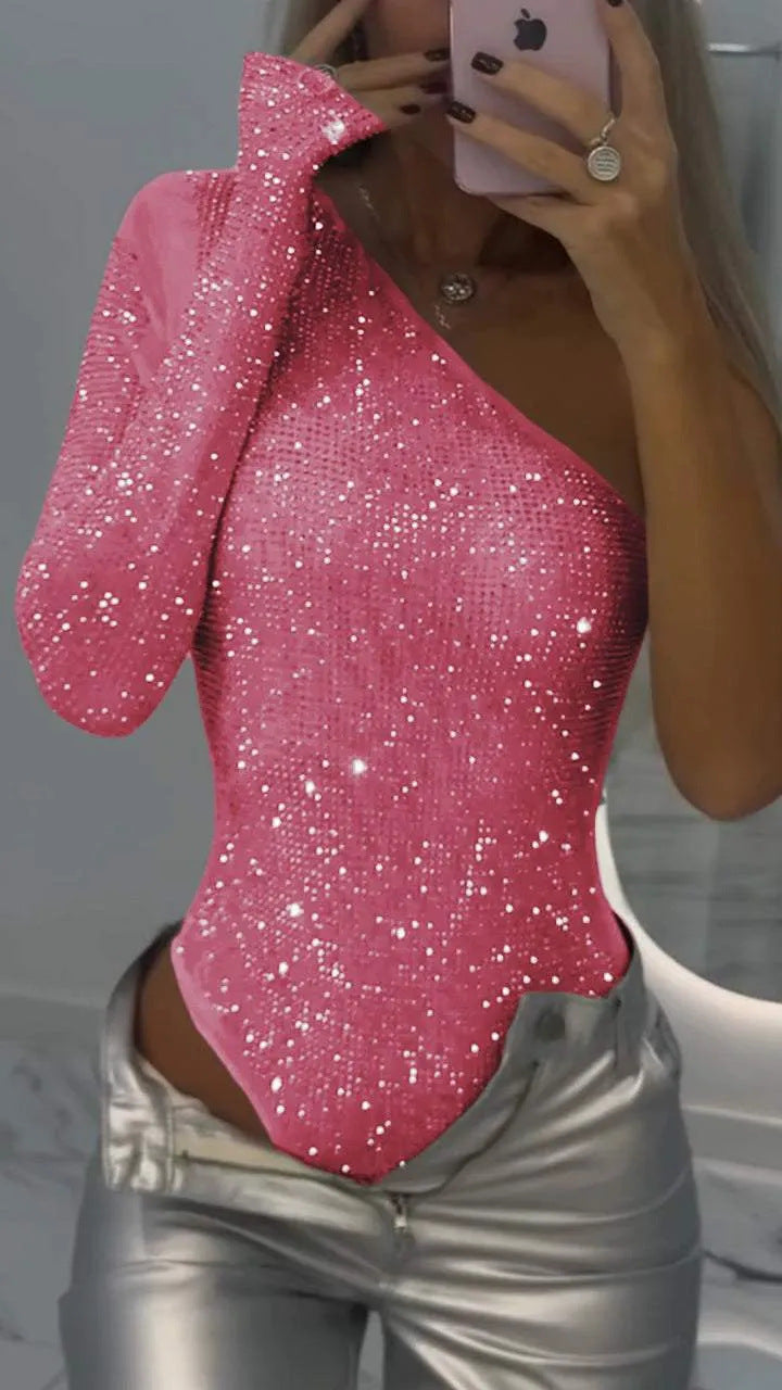 Damen Glitzerndes Langarm-Oberteil mit asymmetrischem Schnitt Drune