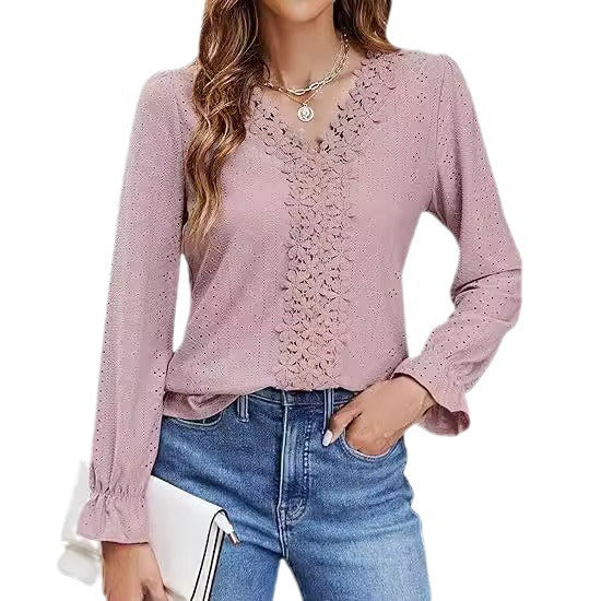 Damen elegante Bluse mit floralem Design und V-Ausschnitt Drune