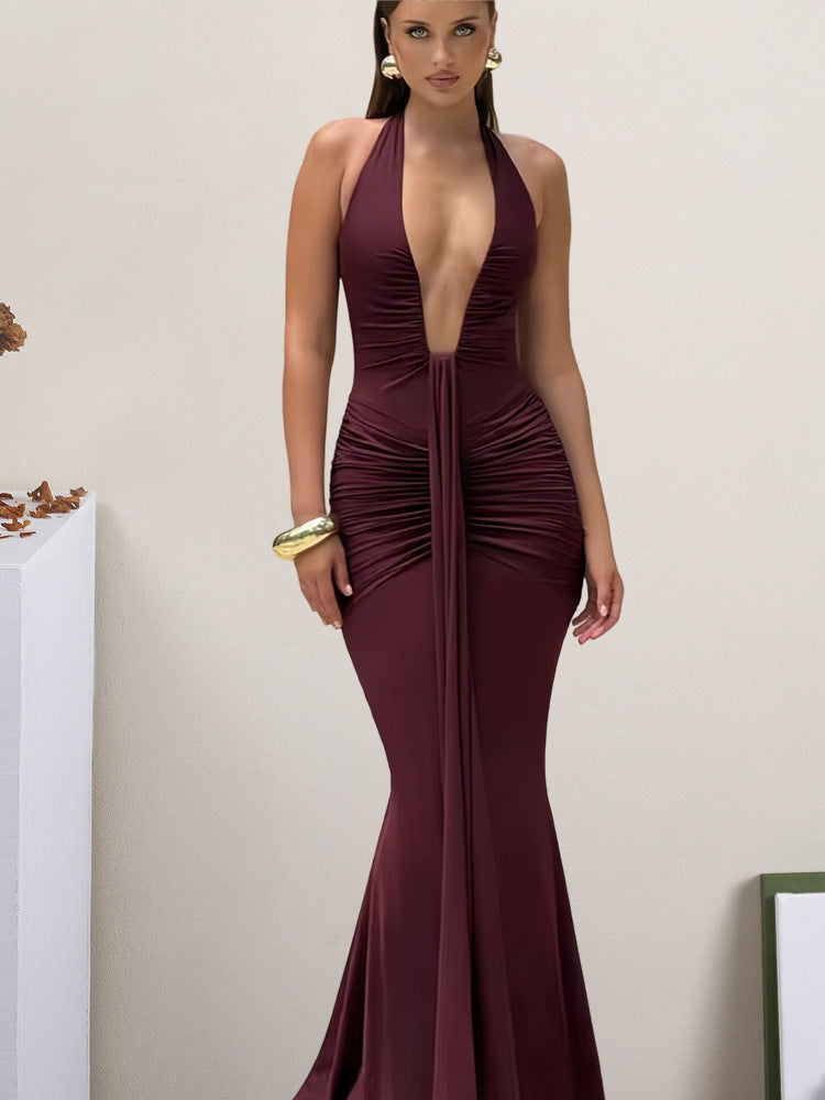 Damen Elegantes Wickelkleid mit tiefem V-Ausschnitt und fließendem Rock Drune