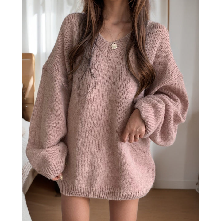 Damen Übergroßer Strickpullover mit V-Ausschnitt und weiten Ärmeln Drune