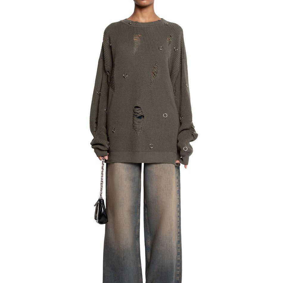 Damen lässiger Pullover mit modischen Rissdetails und Schmuck-Applikationen Drune