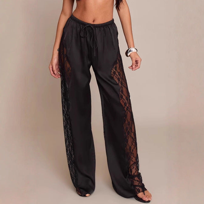 Damen elegante Satin-Hose mit Spitzeneinsätzen und seitlichem Schnitt Drune